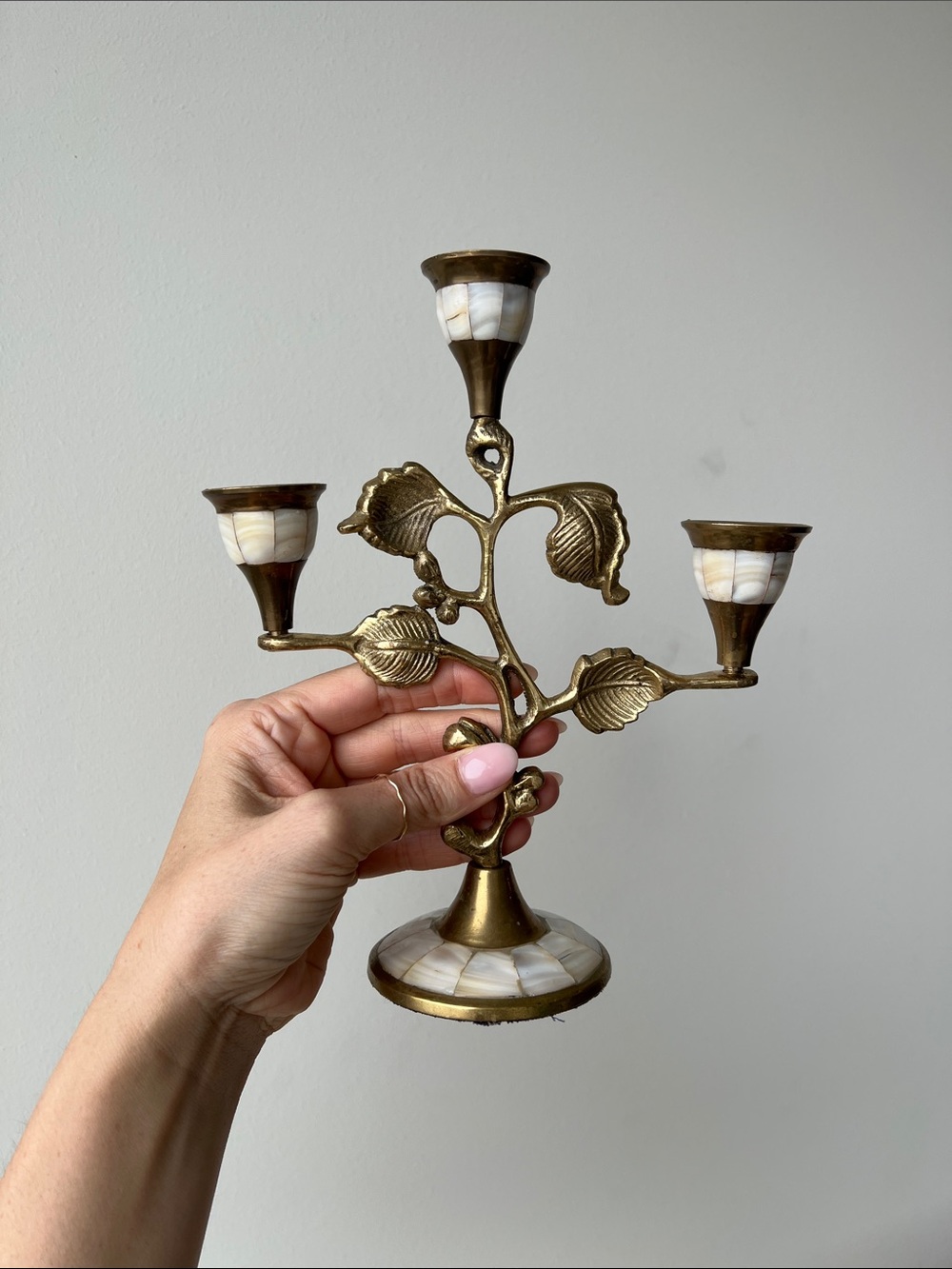 Vintage Brass Mother of Pearl Ornate Candle Holder Candelabra